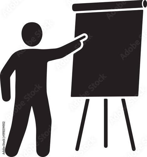 Person pointing at blank flip chart on easel black silhouette desi