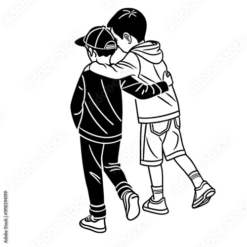 Two boys, one in silhouette, walking together with an arm around each other's shoulders, symbolizing friendship and companionship in a stylized drawing.