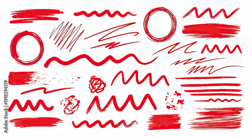 Conjunto de elementos gráficos vermelhos, incluindo linhas, rabiscos, círculos e pinceladas, ideais para destacar e decorar projetos.