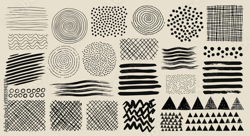 Coleção de padrões e texturas abstratas desenhadas à mão, com linhas, pontos e formas geométricas em estilo grunge.