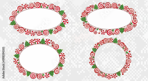 Conjunto de quatro molduras festivas de Natal com doces de menta, pirulitos e árvores verdes, perfeitas para designs de férias e saudações.