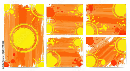 Conjunto de fundos abstratos vibrantes com sóis estilizados, pinceladas de tinta laranja e amarela, e manchas, perfeito para design de verão e convites.