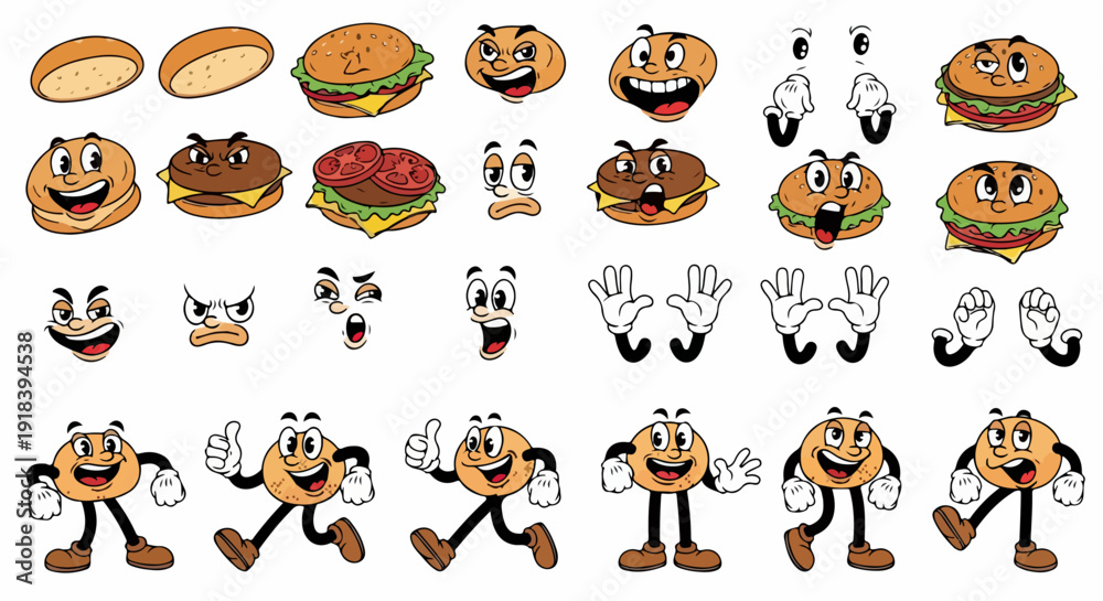 Fototapeta premium Coleção divertida de personagens de pão de hambúrguer e hambúrgueres em estilo retrô, com diversas expressões e poses animadas.