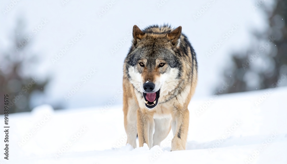 Naklejka premium A wild canine stares intensely forward, mouth open, as it strides through a snowy landscape. The animal displays fur colors of tan, gray, and black