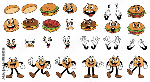 Coleção divertida de personagens de pão de hambúrguer e hambúrgueres em estilo retrô, com diversas expressões e poses animadas.