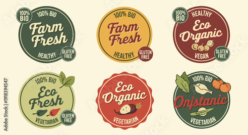 Conjunto de seis rótulos redondos vintage com temas orgânicos, frescos e saudáveis para produtos alimentícios, incluindo opções vegetarianas e sem glúten.