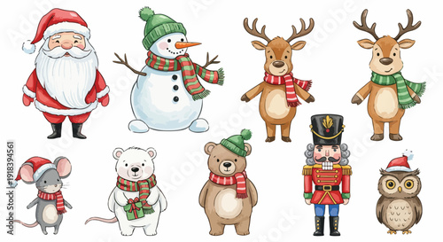 Ilustrações encantadoras de personagens natalinos: Papai Noel, boneco de neve, renas, ursos, rato, quebra-nozes e coruja, celebrando a magia do Natal.