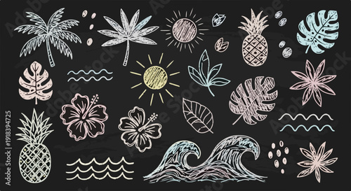 Coleção de ícones de verão e elementos tropicais desenhados à mão com giz em um quadro-negro, representando férias e paraíso.