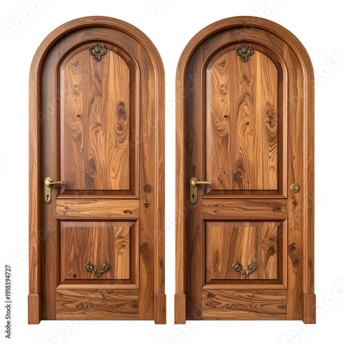 Two arched wooden doors with decorative brass knobs and panels, side-by-side, isolated