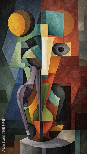 Cubist abstract painting of human figure with string instrument in geometric shapes and earthy colors