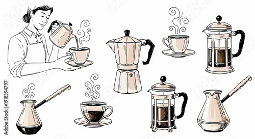 Desenho de uma mulher preparando café e uma coleção de equipamentos: cafeteira italiana, prensa francesa e turca, com xícaras fumegantes.