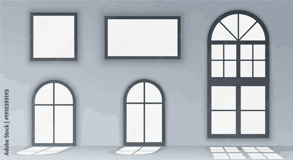 Fototapeta premium Una collezione di finestre moderne di diverse forme su una parete grigia, con ombre geometriche e luce naturale che creano un'atmosfera elegante e minimalista.