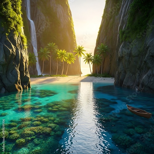 Tropical paradise hidden cove with waterfall and kayak.