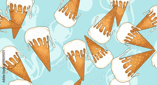 Pattern estivo senza cuciture con coni gelato alla vaniglia che si sciolgono dolcemente su uno sfondo azzurro, evocando freschezza e dolcezza.