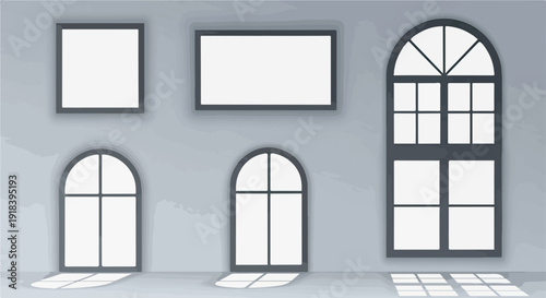 Una collezione di finestre moderne di diverse forme su una parete grigia, con ombre geometriche e luce naturale che creano un'atmosfera elegante e minimalista.