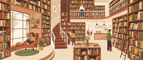 Cozy Bookstore Interior Vector Illustration with Floor to Ceiling Bookshelves, Spiral Staircase, Reading Nook with Armchair and Cat, People Browsing, and a Small Cafe in Warm Earthy Tones