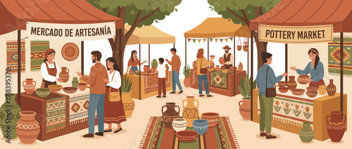 Vibrant flat vector illustration of a traditional pottery market featuring artisan stalls with handmade ceramic vases, bowls, and pots. Diverse people browse and shop at an outdoor craft fair.