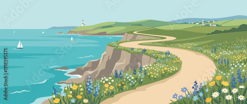 Beautiful flat vector illustration of a scenic coastal cliff walk with a winding path, vibrant wildflowers, rugged cliffs, turquoise ocean views with sailboats, a lighthouse, and green hills.