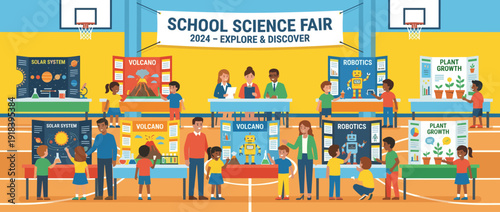 Flat vector illustration of a diverse children's school science fair in a gymnasium featuring colorful experiment displays like solar system, volcano, robotics, and plant growth projects.