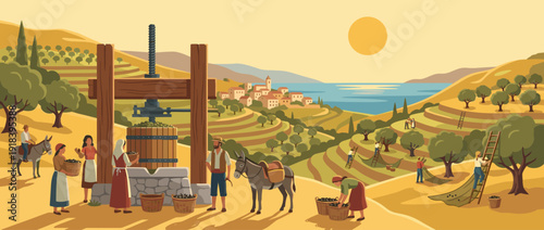 Flat Vector Illustration of a Traditional Mediterranean Olive Harvest and Oil Press Scene. Farmers Picking Olives on Terraced Hills with Donkeys, a Coastal Village, and the Sea at Golden Hour.