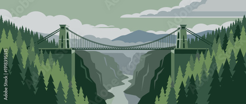 Flat Vector Illustration of a Scenic Suspension Bridge Spanning a Deep Gorge with a Winding River and Lush Pine Forests, Minimalist Landscape Design with Mountains and Clouds in Muted Green Tones