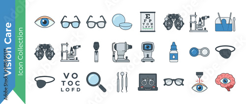 Comprehensive Vision Care and Optometry Icon Set: 24 Flat Vector Icons featuring Eye Exams, Glasses, Contact Lenses, Phoropter, Slit Lamp, Eye Drops, Laser Surgery, and Ophthalmological Tools.