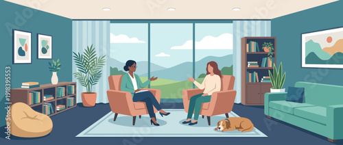 Flat vector illustration of a modern mental health therapy session in a comfortable office. A professional therapist and patient talk in a calm room with a dog, plants, and mountain view window.