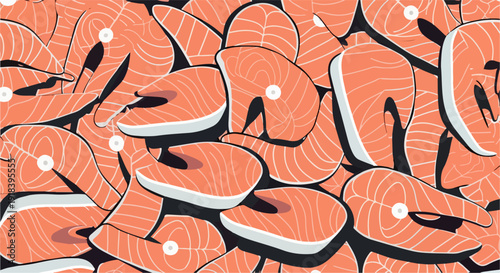 Un'abbondanza di fette di salmone fresco e crudo, disposte casualmente a formare un pattern vibrante, ideale per concetti di cibo sano e cucina.