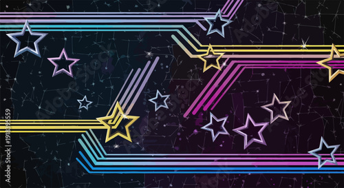 Sfondo astratto con stelle cadenti stilizzate e linee neon vibranti che creano un'atmosfera dinamica e futuristica nello spazio.