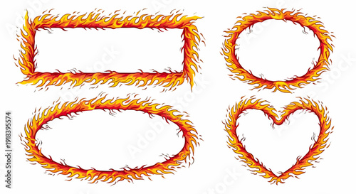 Quattro cornici infuocate di diverse forme (rettangolare, ovale, ellittica e a cuore) su sfondo bianco, ideali per design e grafica.