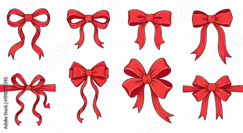 Una collezione vibrante di fiocchi rossi decorativi in stili diversi, perfetti per regali, feste e celebrazioni natalizie.