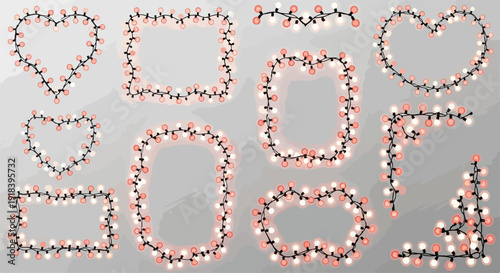 Una collezione di cornici e bordi decorativi formati da luci a stringa rosa e bianche, perfetti per celebrazioni e design.