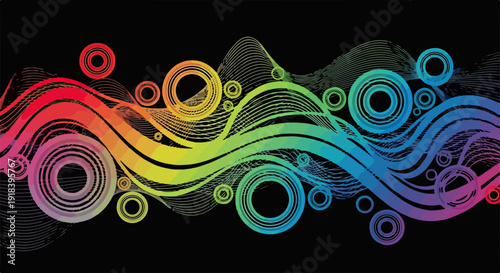 Dynamiczna abstrakcja z tęczowymi falami i koncentrycznymi okręgami, tworząca nowoczesne, energetyczne tło cyfrowe.