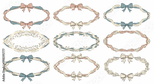 Eleganti cornici ovali vintage con fiocchi e pizzi in colori pastello, perfette per decorazioni e inviti.