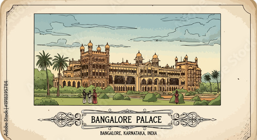 Wytworna ilustracja Pałacu Bangalore w Indiach, przedstawiająca historyczną architekturę i bujne ogrody w stylu vintage.