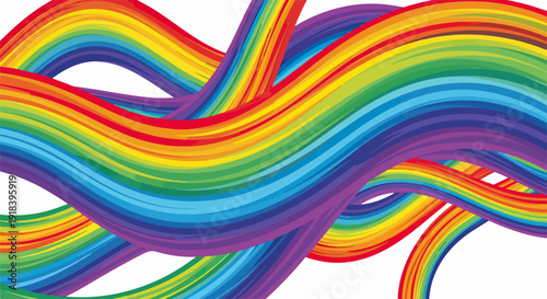 Dynamiczne, abstrakcyjne fale w żywych kolorach tęczy, tworzące płynny i radosny wzór na białym tle, idealne do projektów graficznych.