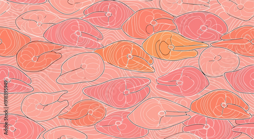 Żywy, bezszwowy wzór świeżych steków i filetów z łososia, prezentujący zdrową kuchnię owoców morza i składniki kulinarne.