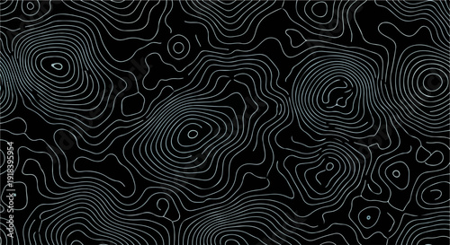 Abstrakcyjny wzór topograficzny z cienkimi, białymi liniami na ciemnym tle, tworzący dynamiczną i złożoną teksturę cyfrową.