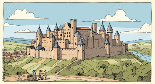 Ilustracja historycznego, średniowiecznego zamku na wzgórzu z turystami i zabytkowym samochodem, otoczonego zielonym krajobrazem.