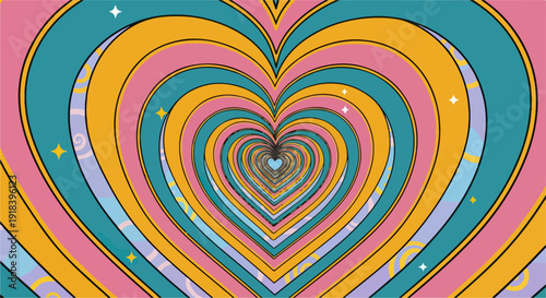 Abstrakcyjny tunel z koncentrycznych serc w stylu retro psychodelicznym, tworzący hipnotyzujący wzór miłości i romansu.