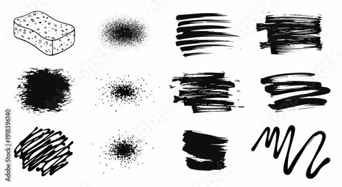 Zestaw czarnych tekstur pędzla, plam atramentu i gąbki, idealny do projektowania graficznego i efektów grunge.