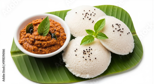 South Indian Idli and Chutney Breakfast Platter: Steamed Rice Cakes with Spicy Lentil Dip on Banana Leaf, Top View
