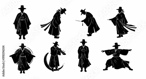 Zestaw sylwetek koreańskich mężczyzn w tradycyjnych strojach, prezentujących różne pozy i czynności, odzwierciedlających bogatą kulturę.