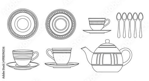 Line drawing of a tea set including plates cups and a teapot