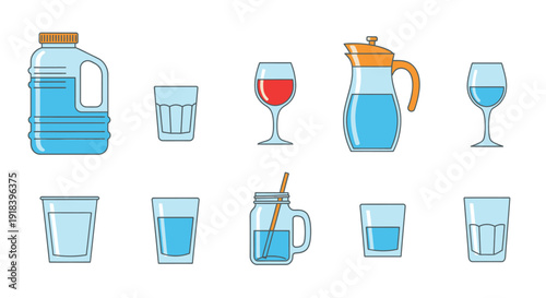 Collection of blue beverage containers and glassware isolated on white