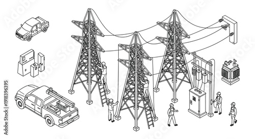 Line drawing of electrical power grid with vehicles and workers