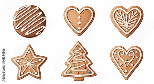 Zestaw sześciu świątecznych pierniczków o różnych kształtach, udekorowanych białym lukrem i kolorowymi posypkami, idealnych na Boże Narodzenie.