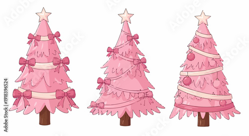 Trzy urocze, różowe choinki świąteczne, bogato udekorowane kokardkami, wstążkami i bombkami, na białym tle, idealne na Boże Narodzenie.