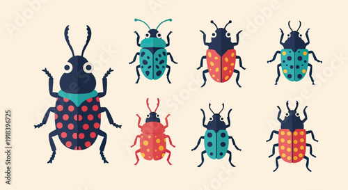 カラフルなカブトムシとてんとう虫のフラットデザインベクターイラストレーション。様々な色と模様を持つ可愛い昆虫のコレクションです。