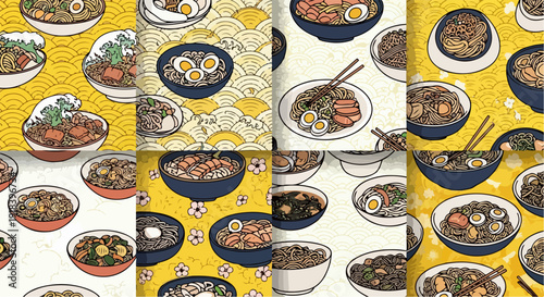 日本の伝統的な波や花柄を背景に、ラーメンや丼などの美味しい和食が描かれた手描きのシームレスパターン集。